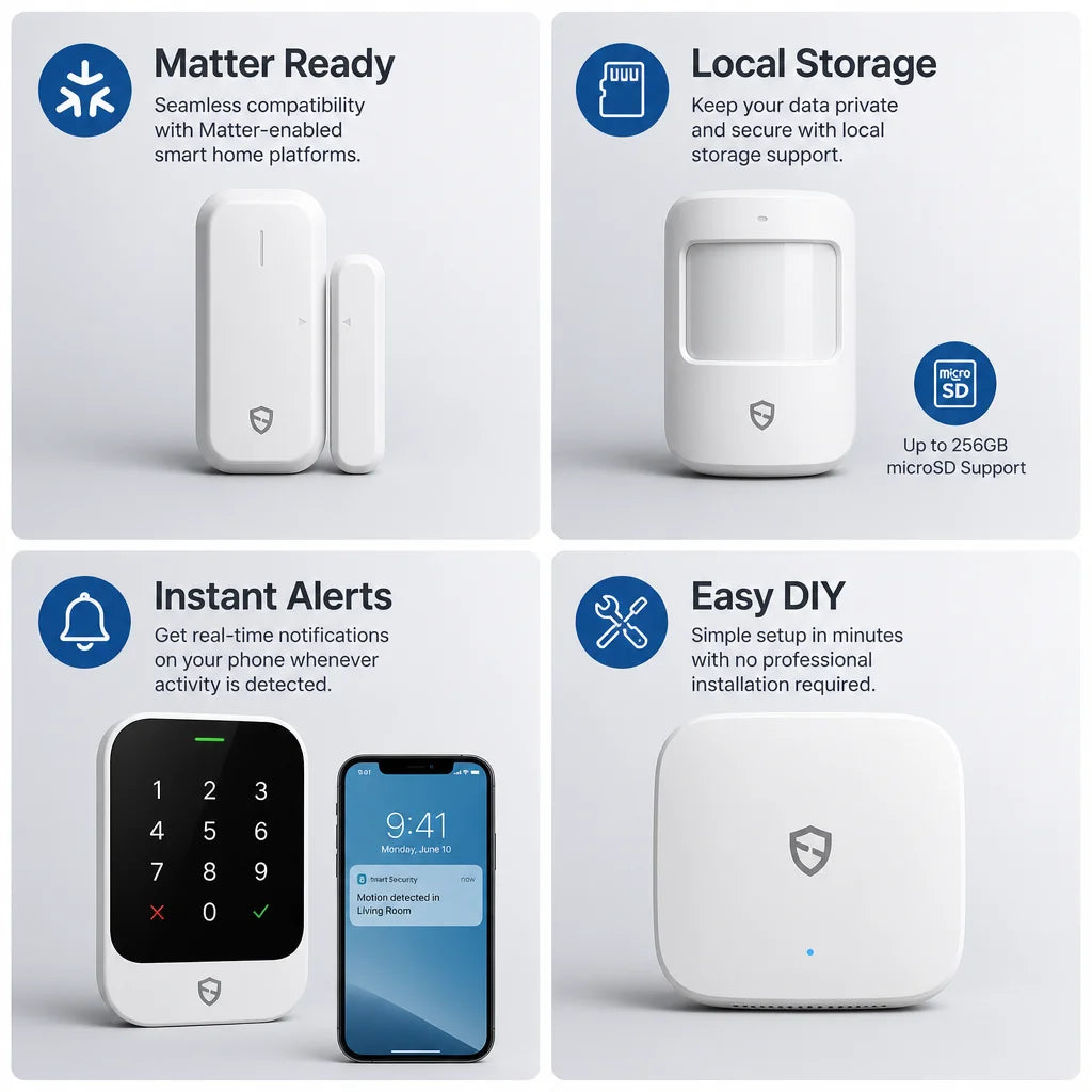 Wireless home alarm system features