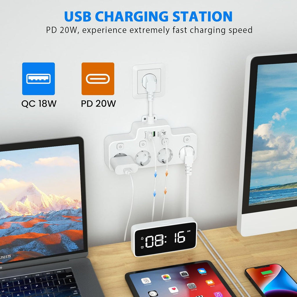 Wall-mounted Power Strip With Independent Switch - 2 USB A And 1 USB C