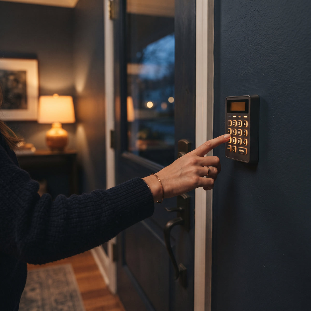 Hand reaching toward a wall-mounted alarm keypad