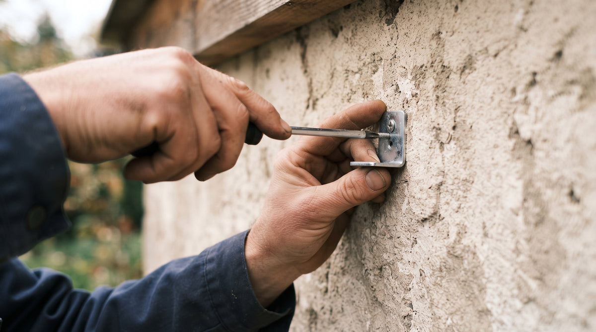 Hands mounting a camera bracket to an exterior wall