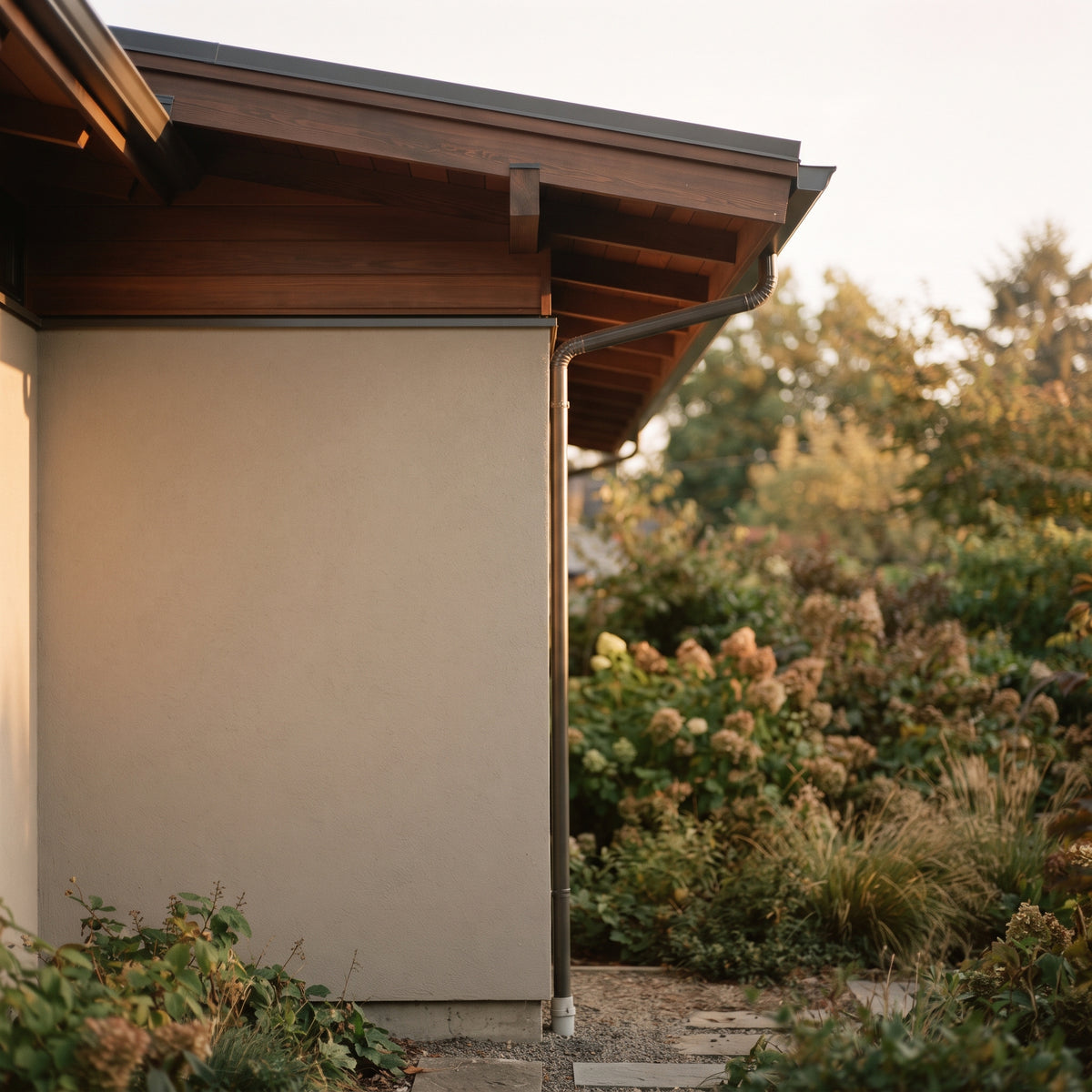 Exterior wall corner of a house at golden hour
