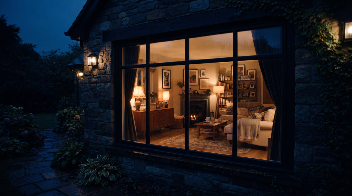 Warmly lit living room seen through a window at night