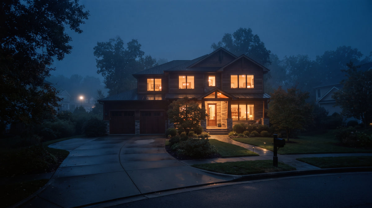Suburban home at dusk with warm light in the windows