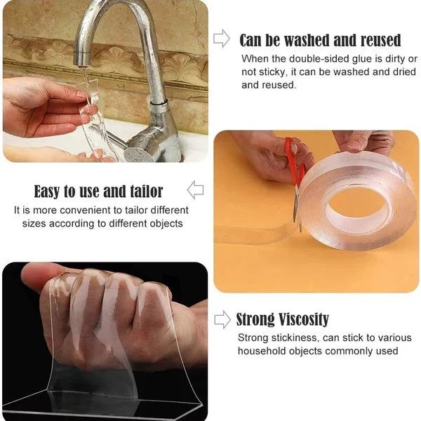 Transparent Sticky Nano Tape Double Sided Grip Reusable Home Tape Traceless Glue