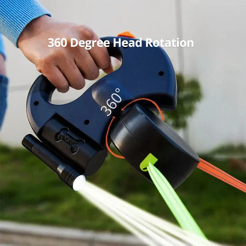 Dual Dog Leash with Flashlight & Waste Bag