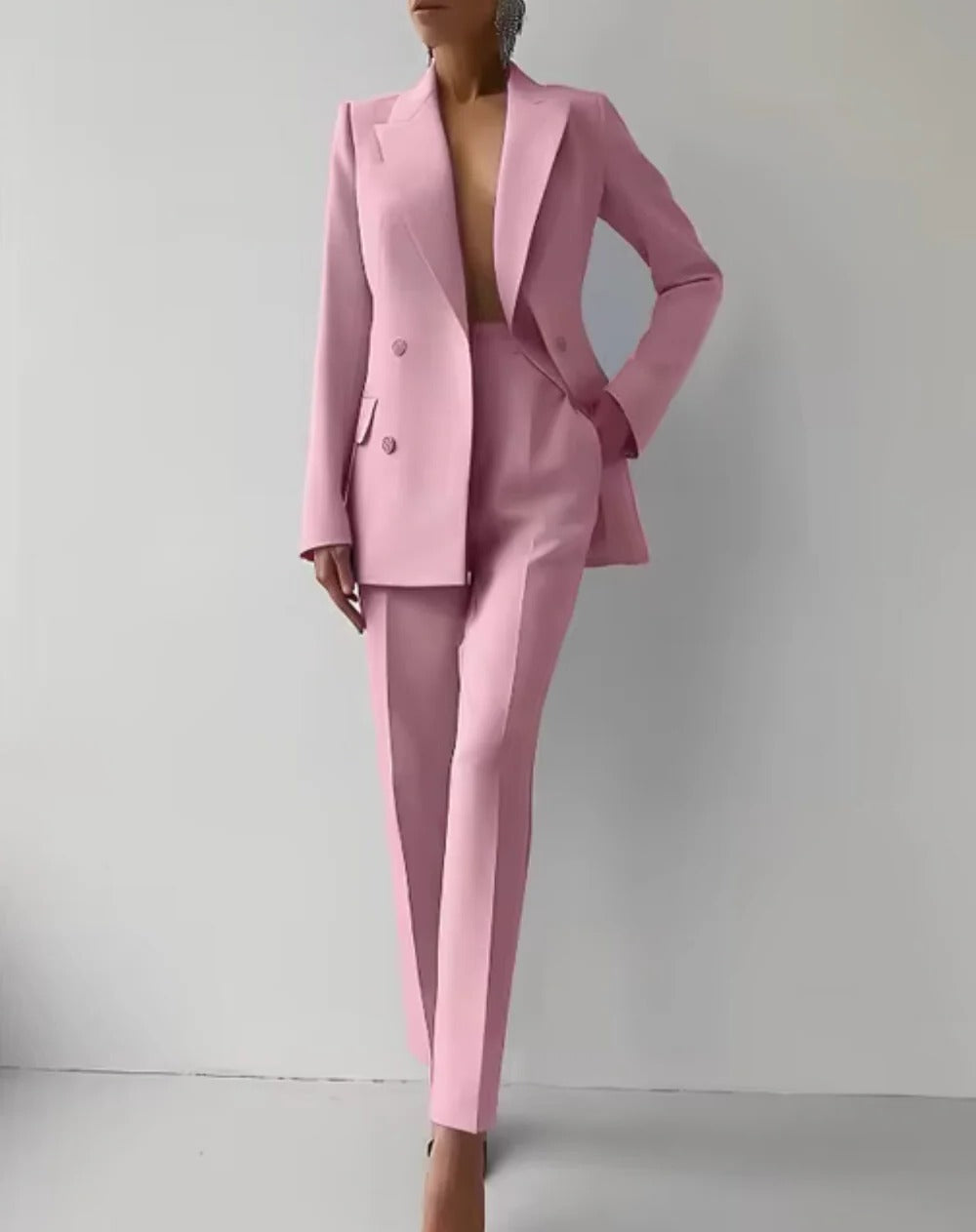 Women's Classic Suit with Lapel Blazer and High Waisted Pants