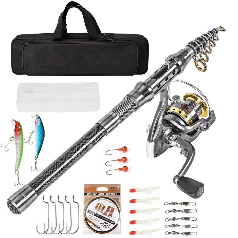 Carbon Fiber Telescopic Fishing Rod Pole Reel Combo Sea Saltwater Freshwater