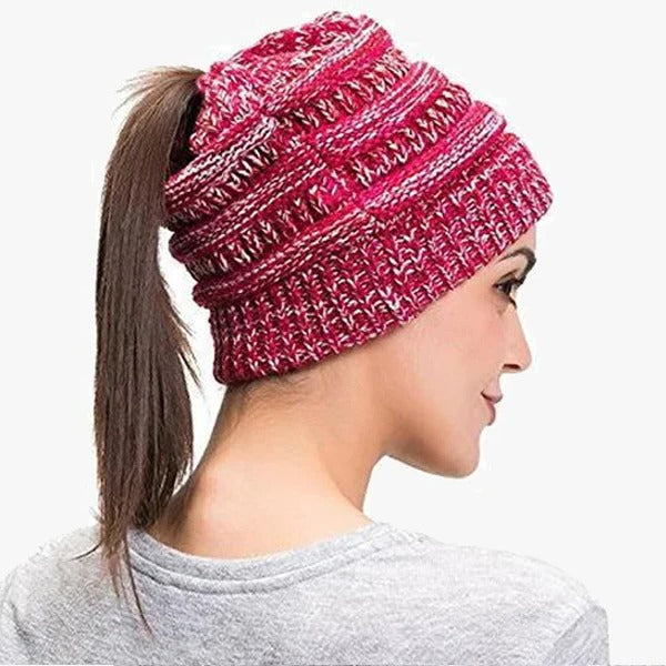 Ponytail Beanie Messy Bun Women's Beanie Solid Ribbed Hat Cap