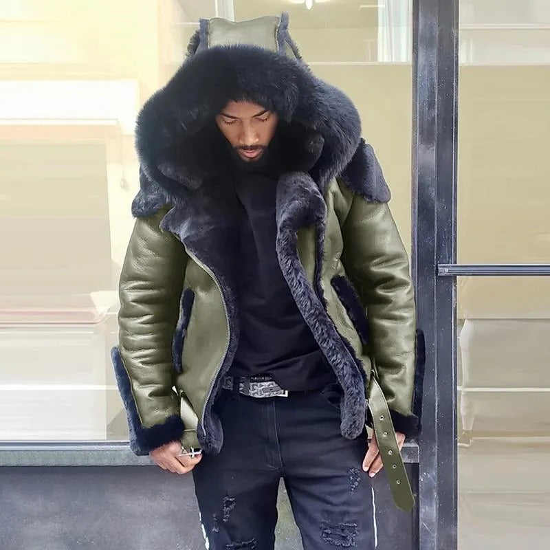 Sheepskin Leather Jacket | Man Winter Fur Hood Coat Motorcycle Jackets