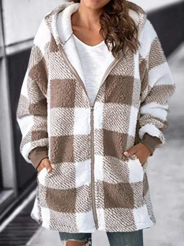 Women Oversized Hoodie Plaid Loose Overcoat