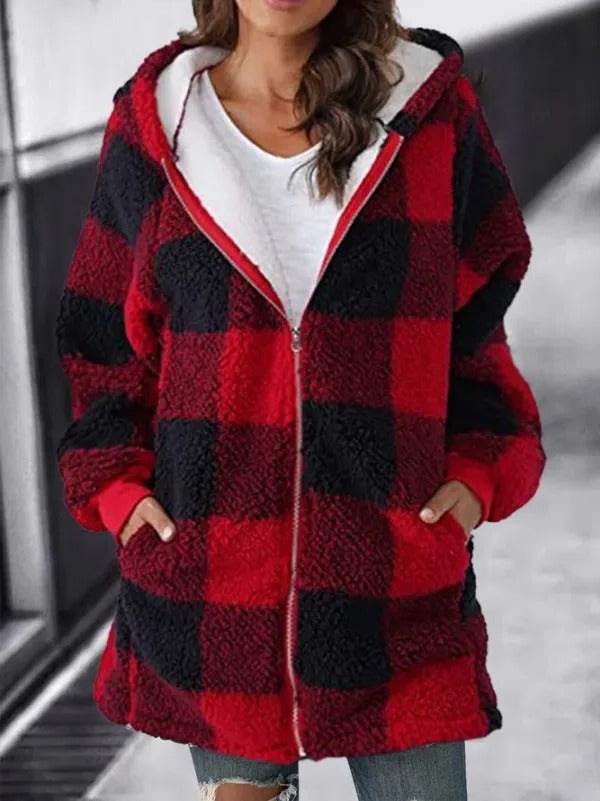 Women Oversized Hoodie Plaid Loose Overcoat