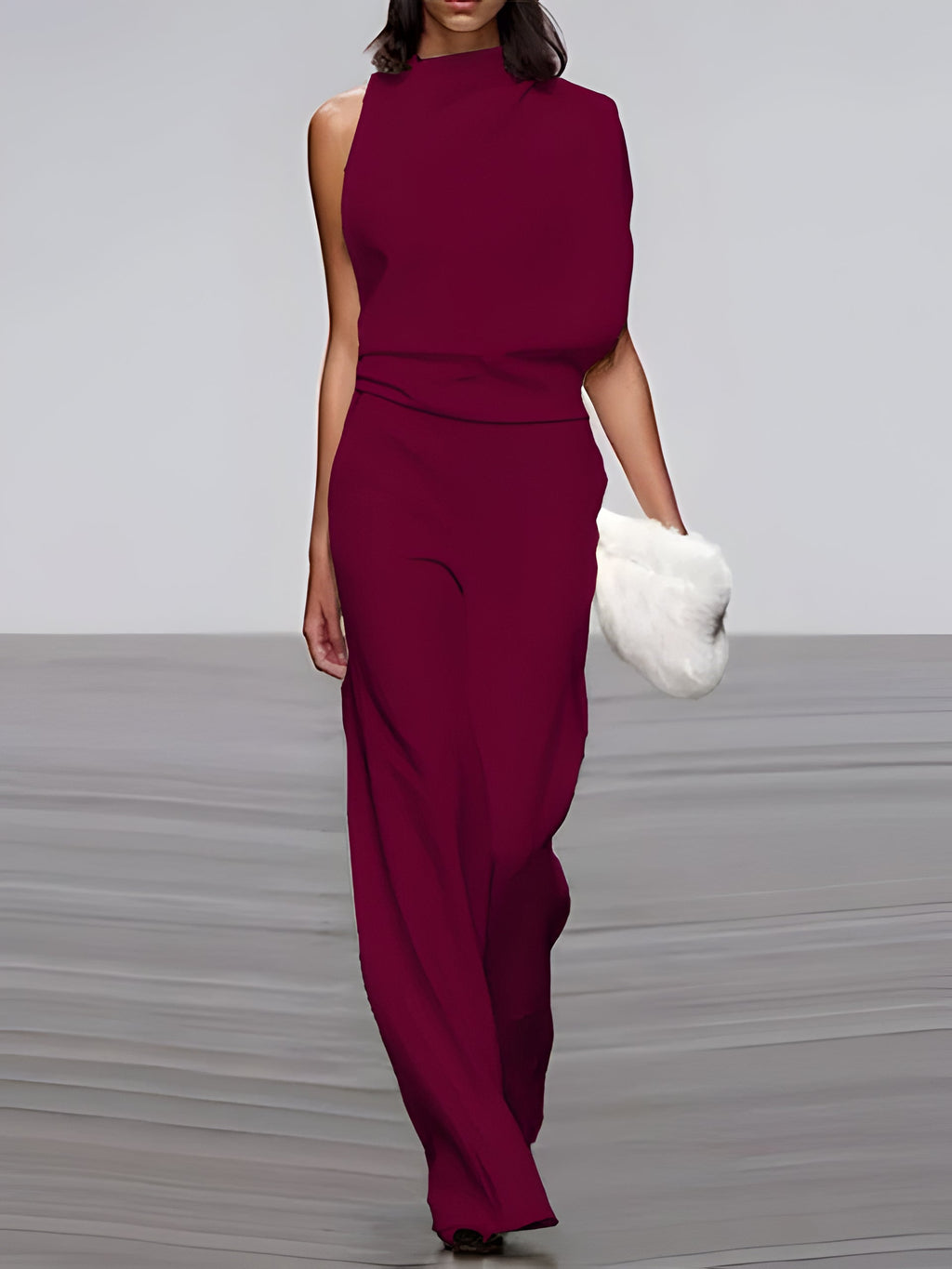 Women's round-neck, sleeveless jumpsuit with flared legs