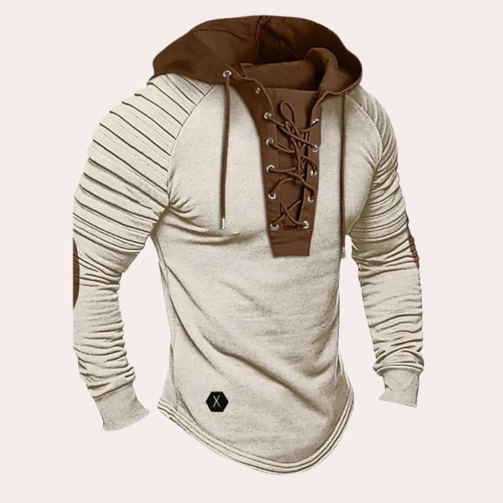 Modern men's sweatshirt with lace-up closure and hood