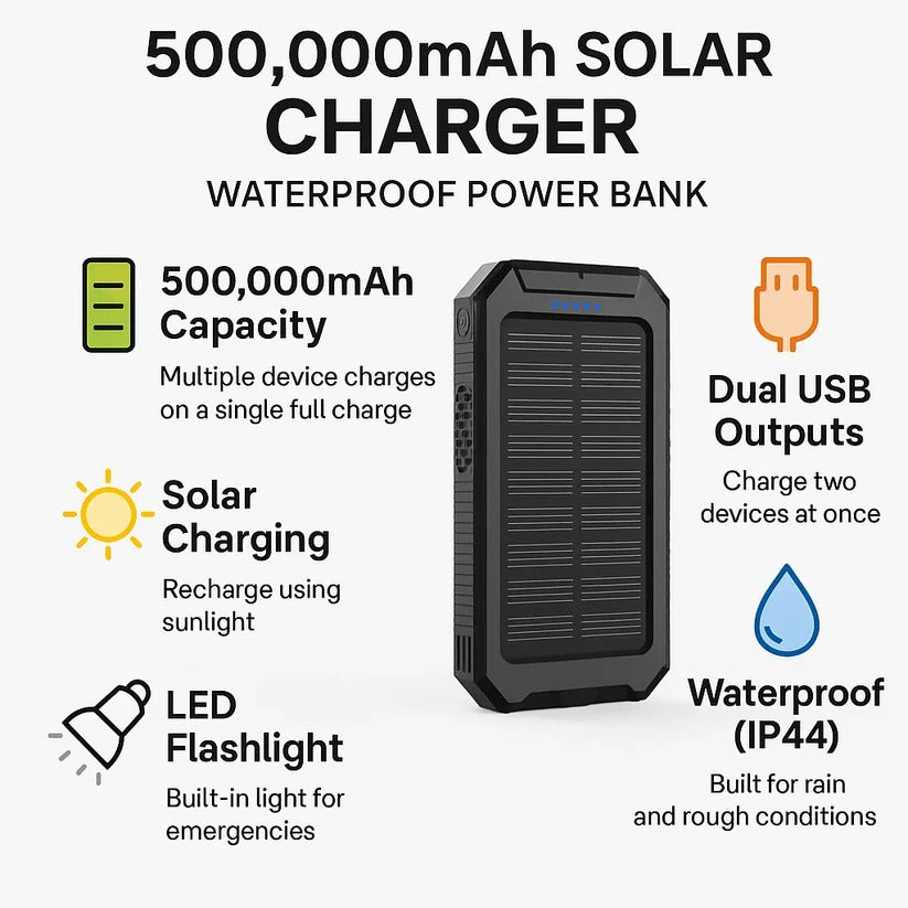 500000mAh Solar Charger Waterproof Power Bank External