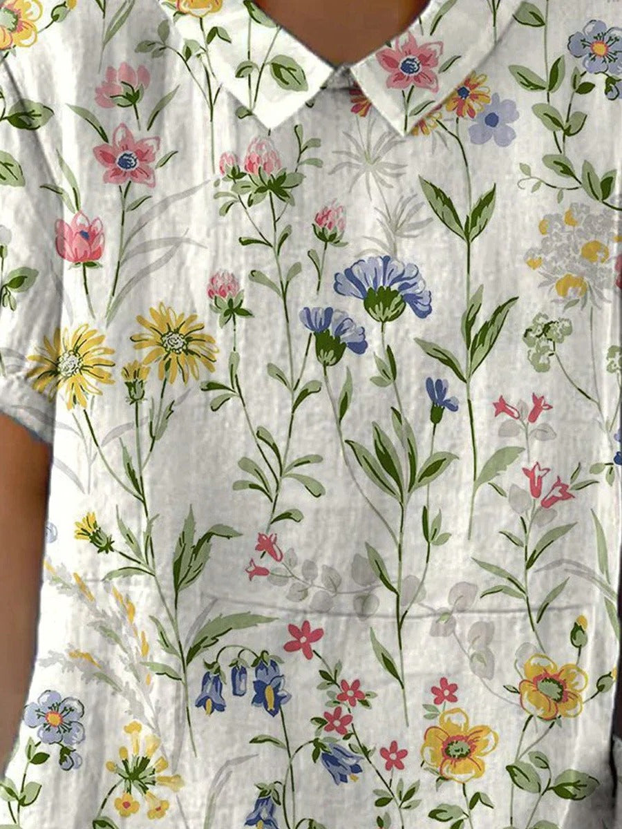 Women's Casual Cotton Linen Shirt with Retro Floral Print