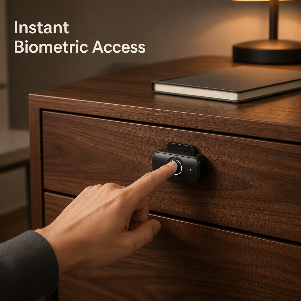 Fingerprint drawer lock, hidden with no visible keyhole