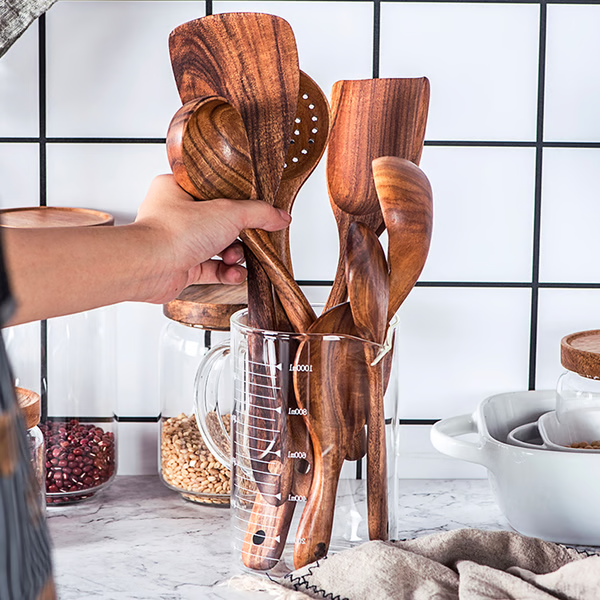 Natural Teak Wood Kitchen Utensils – Eco-Friendly, Non-Toxic Cooking Spoons, Cookware for Home Everyday Use