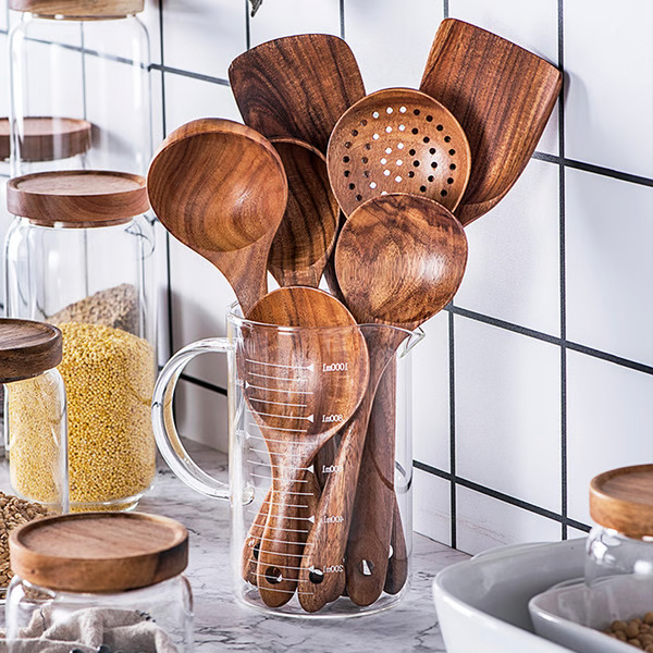 Natural Teak Wood Kitchen Utensils – Eco-Friendly, Non-Toxic Cooking Spoons, Cookware for Home Everyday Use