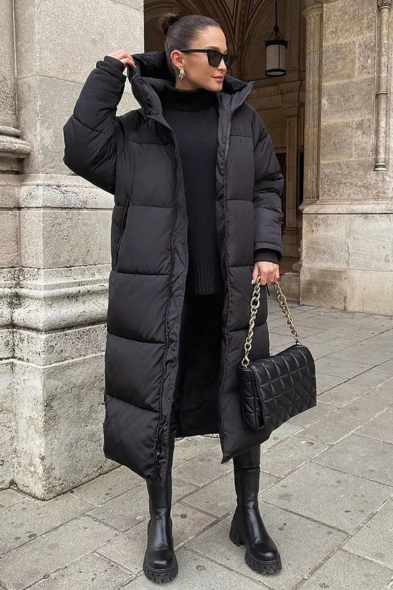 Long, quilted winter coat, warm and elegant